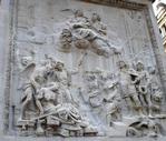 Basso relief panel commerating the Fire of London and Charles II's intervention. Indent repairs to Statuary by Cauis Gabriel Cibber, 1668.